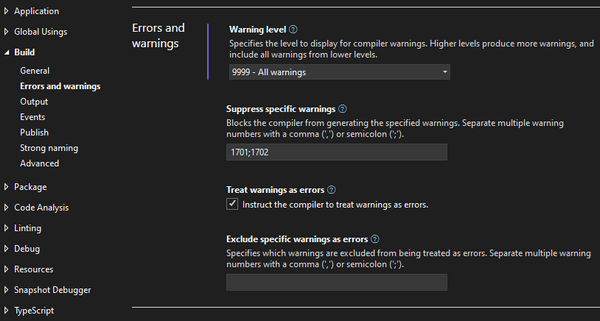 Compiler warning level configuration