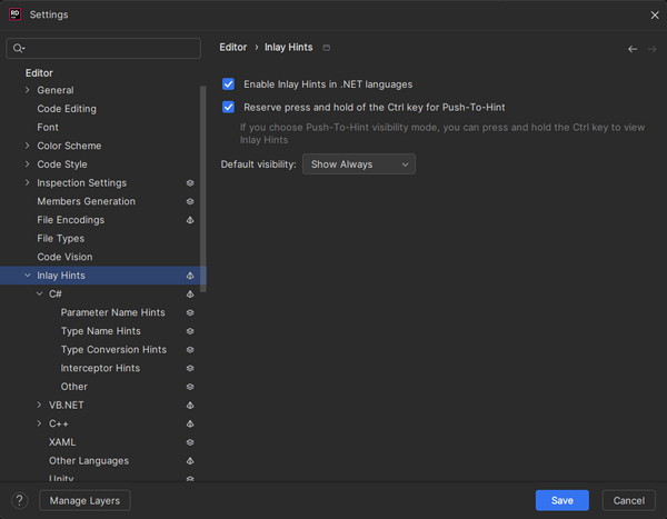 JetBrains Rider settings for inlay hints