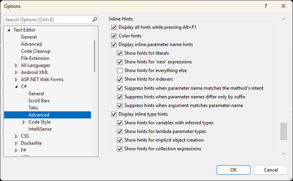 Visual Studio settings for inline hints