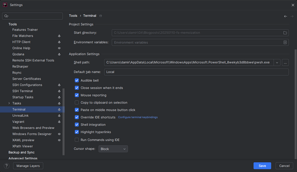 Terminal settings in JetBrains tools