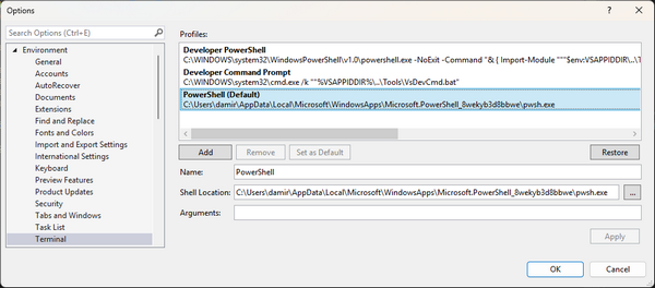 Terminal settings in Visual Studio 2022