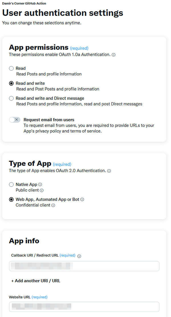 Authentication settings for X application