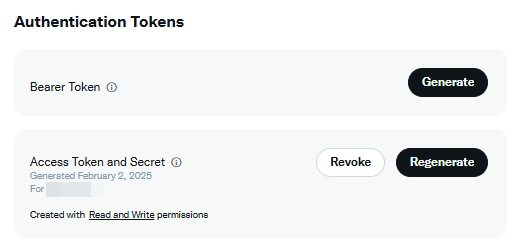 Authentication tokens for X application