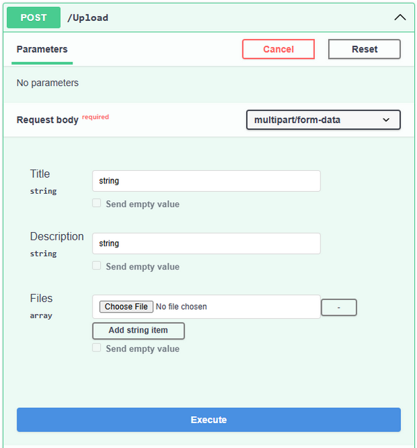 Swagger UI for file upload endpoint using multipart form data encoding